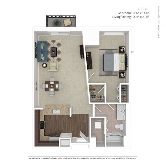 A floor plan of an Escher apartment showing a bedroom, living room, and kitchen.