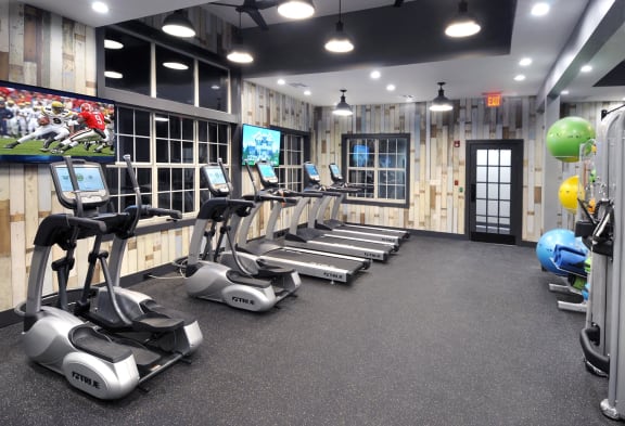 a gym with treadmills and weights and a tv at Willowest in Lindbergh, Georgia, 30318