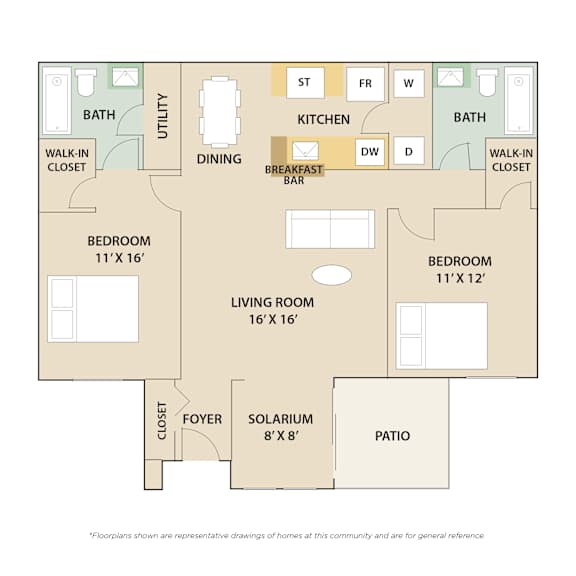 2 Bed 2 Bath Floor Plan | 1,260 Sq. Ft at Country Club Lakes, Jacksonville, FL, 32224