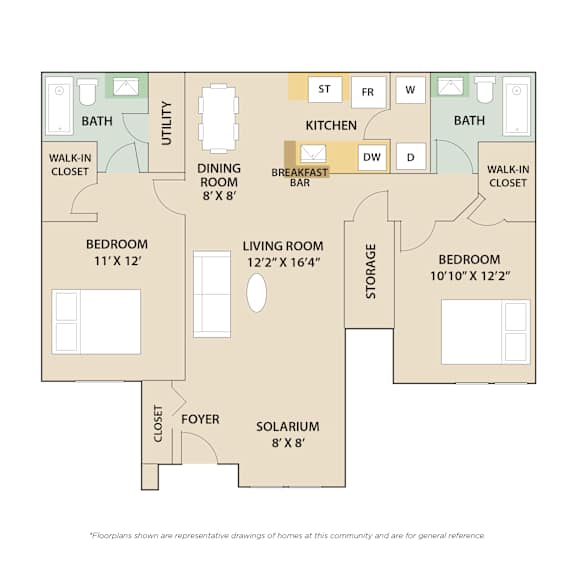 2 Bed 2 Bath Floor Plan | 1,075 Sq. Ft at Country Club Lakes, Jacksonville, FL, 32224