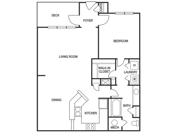 1 Bed 1 Bath Floor Plan | 899 Sq. Ft. at Willowest in Collier Hills, Atlanta, 30318