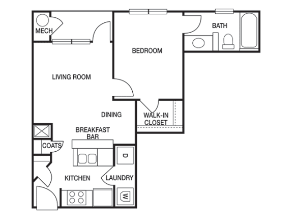 1 Bed 1 Bath Floor Plan | 569 Sq. Ft. at Willowest in Collier Hills, Atlanta, GA