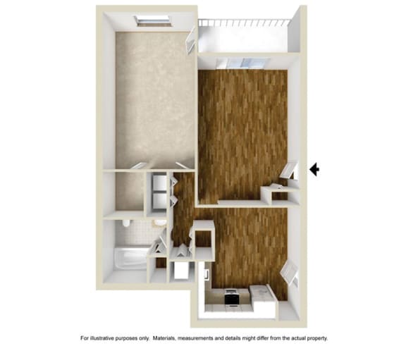 3D 1 bedroom floor plan A at Rosemont Square Apartments, Randolph, 02368