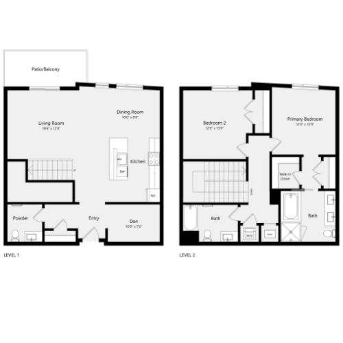 A floor plan of a two level home with a living room, dining room, kitchen, and two bedrooms.