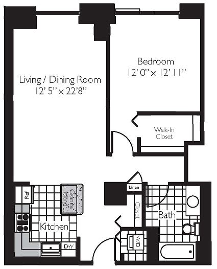 1 Bed 1 Bath Floor Plan | 860 Sq. Ft. at Shoreham and Tides, Illinois