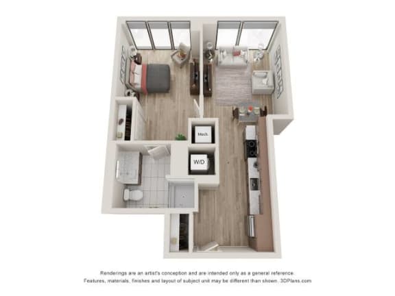 1 Bed 1 Bath Floor Plan | 521 Sq. Ft. at 903 Peachtree in Atlanta, GA