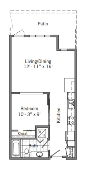 Floor Plan  Studio 1 Bath Floor Plan | 662 Sq. Ft. at 128 on State, Kirkland, WA