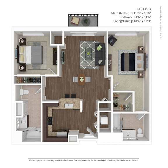 A floor plan of a POLOLOCK apartment with a living room, dining room, kitchen, and two bedrooms.