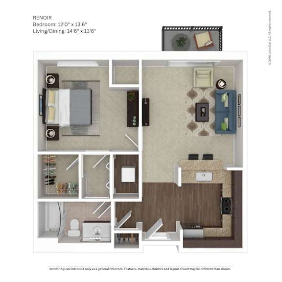 A floor plan of a RENOIR apartment showing a bedroom, living room and dining area.