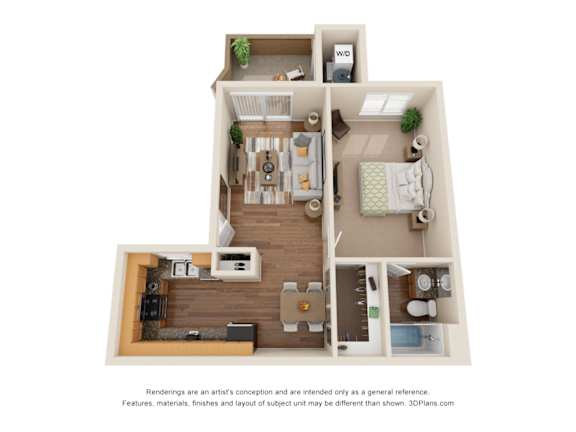 A 3D floor plan of a house with a kitchen, living room, and bathroom.