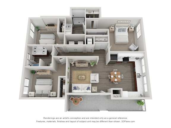 A 3D floor plan of a house with a kitchen, living room, and bedrooms.