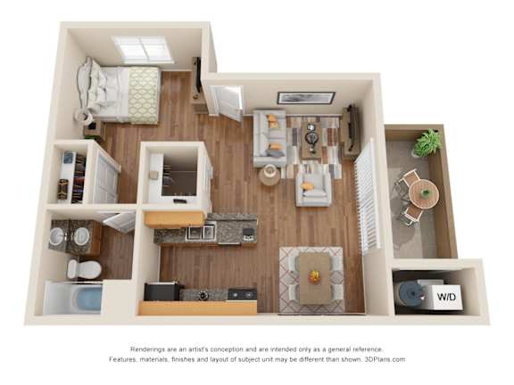 A 3D floor plan of a small apartment with a kitchen, living room, and bathroom.