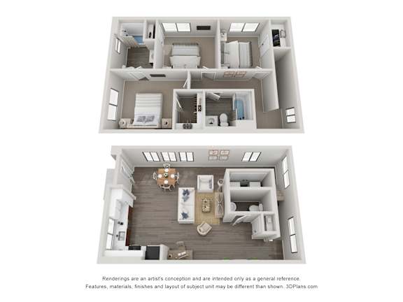 A 3D floor plan of a house with two bedrooms, a living room, a kitchen, and a bathroom.