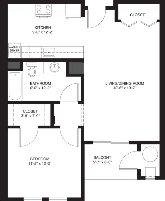 1 bedroom floor plan at Rosemont Square Apartments, Randolph, MA, 02368