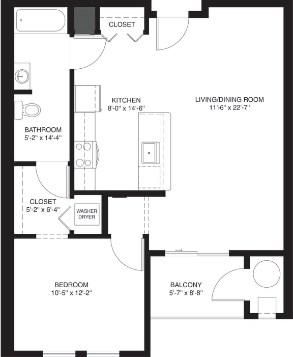1 bedroom floor plan at Rosemont Square Apartments, Randolph, MA