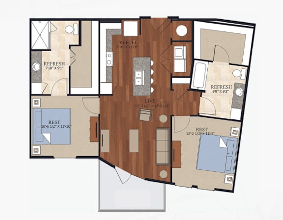 B10 floor plan rendering with two bedrooms and two bathrooms at Abstract at Design District in Dallas, TX