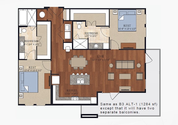 B3 Alt 3 floor plan renderings with two bedrooms and two bathroom at Abstract at Design District in Dallas, Texas