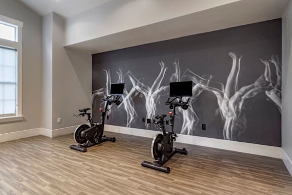 Two exercise bikes are placed in front of a wall mural.