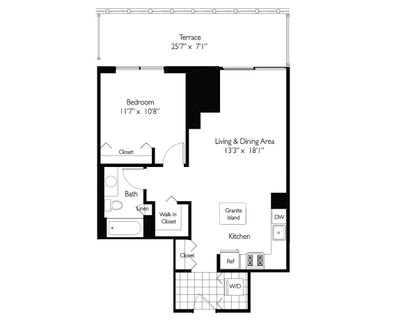 1 Bed 1 Bath Floor Plan | 770 Sq. Ft. at Shoreham and Tides, Chicago, 60601