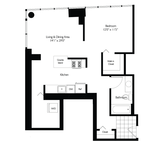 1 Bed 1 Bath Floor Plan | 795 Sq. Ft. at Shoreham and Tides, Chicago, Illinois 60601