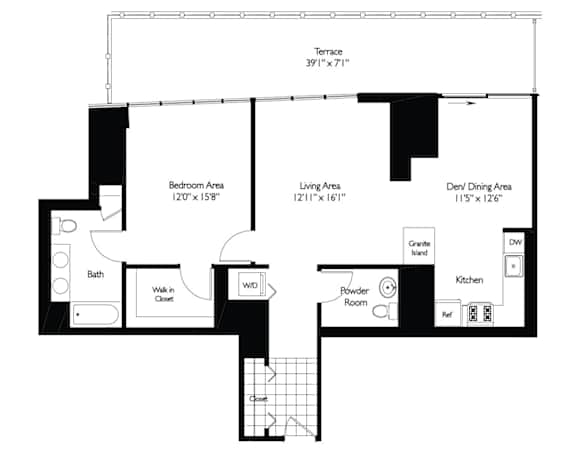1 Bed 1 Bath Floor Plan | 1,125 Sq. Ft. at Shoreham and Tides, Chicago, IL