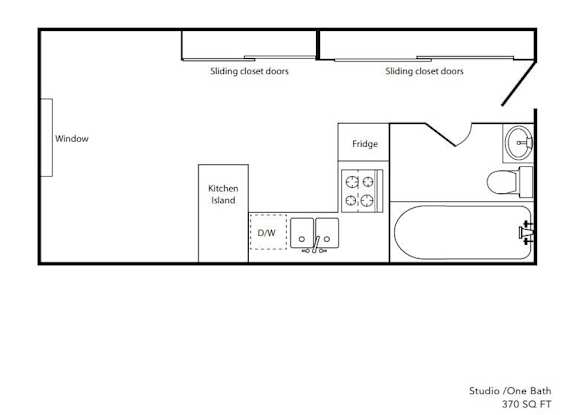 A floor plan of a studio apartment with a kitchen island and fridge.