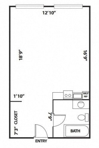 studio floor plan with 400 Sq. Ft. at The Flat Apartments in Los Angeles, CA