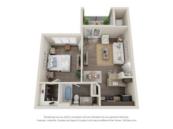 A 3D floor plan of a small apartment with a kitchen, living room, and bedroom.