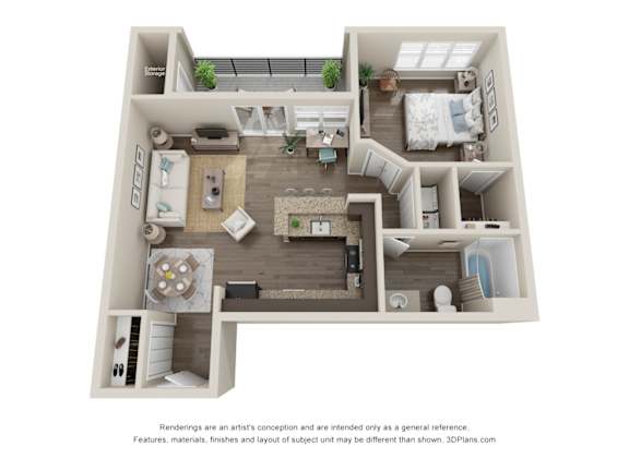 A 3D floor plan of a house with a kitchen, living room, and bedrooms.
