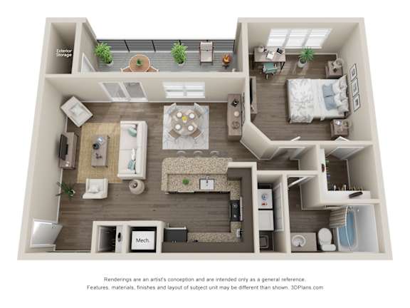 A 3D floor plan of a house with a kitchen, living room, and bedrooms.