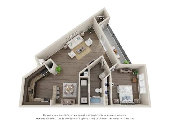 A 3D floor plan of a house with a kitchen, living room, and two bedrooms.