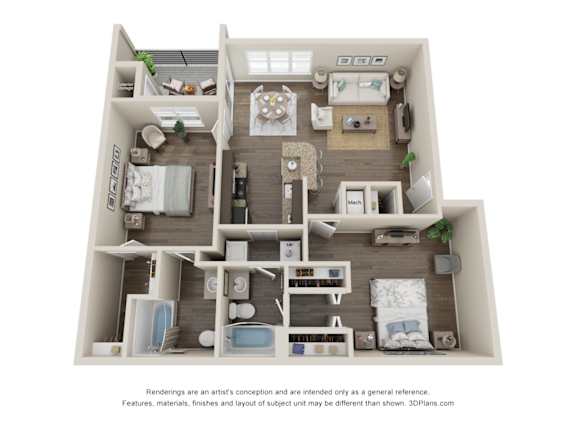 A 3D floor plan of a house with a kitchen, living room, and bedrooms.