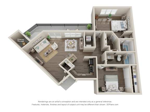 A 3D floor plan of a house with labeled rooms.