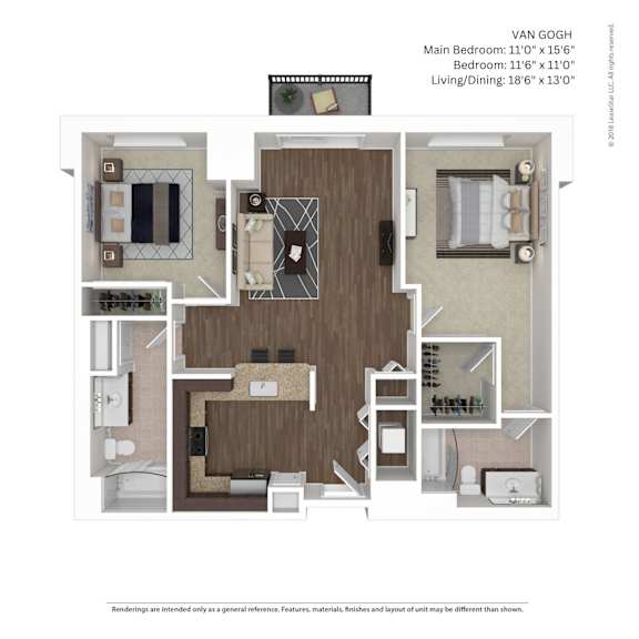 A floor plan of a VAN GOGH with a main bedroom, a bedroom, and a living/dining area.