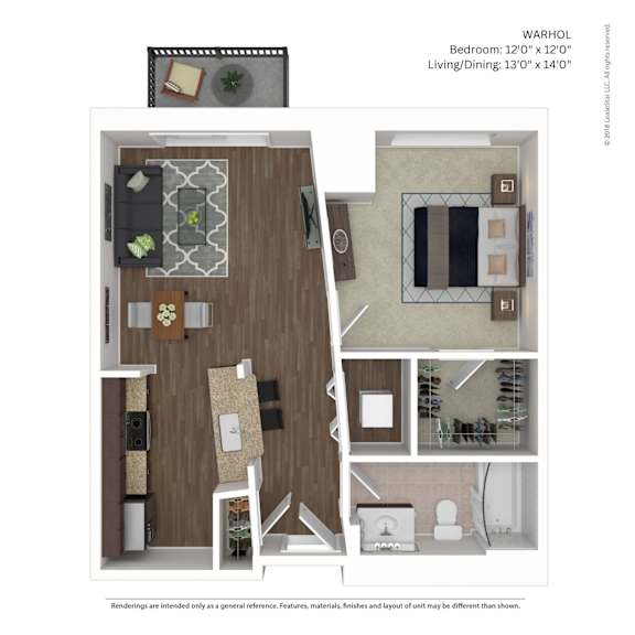 A floor plan of a WARHOL apartment with a living room, dining room, and bedroom.