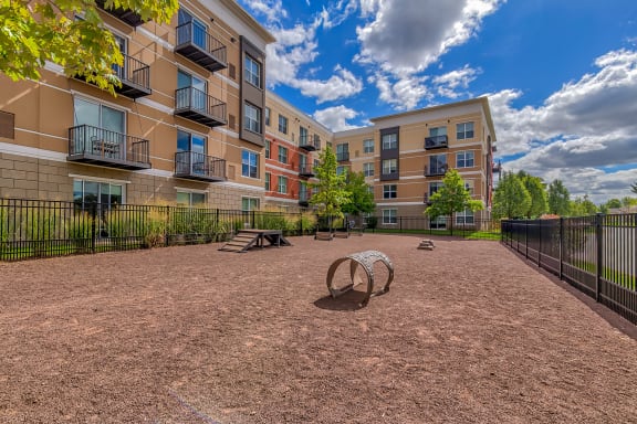 dog park with playground and apartment buildings at Avant at the Arboretum, Lisle
