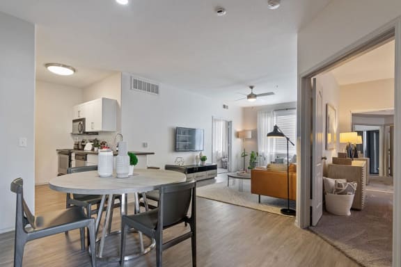 a view of the dining room and living room from the kitchen at Element Deer Valley, Phoenix, AZ