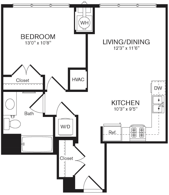 a floor plan of the Aster one bedroom apartment at Heights at Glen Mills, Glen Mills, PA 19342