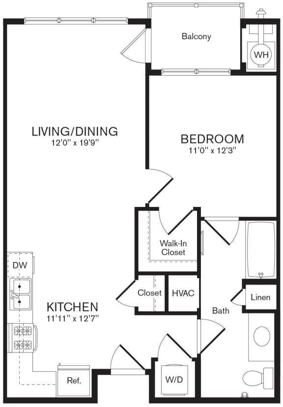 a floor plan of the Azalea one bedroom apartment at Heights at Glen Mills, Glen Mills, PA