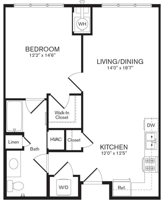 a floor plan of the Begonia one bedroom apartment at Heights at Glen Mills, Glen Mills