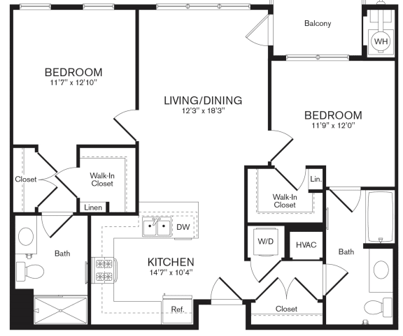 a floor plan of the Elm two bedroom apartment at Heights at Glen Mills, Glen Mills