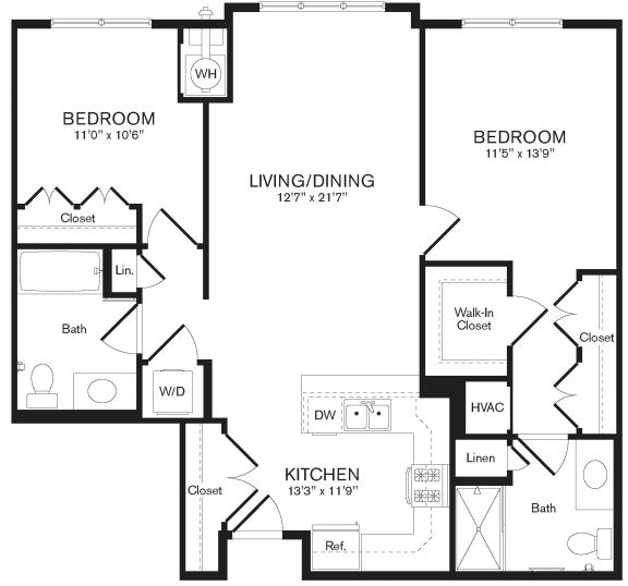 a floor plan of the Maple two bedroom apartment home at Heights at Glen Mills, Glen Mills, Pennsylvania