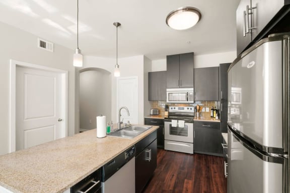 a kitchen with stainless steel appliances and a counter top at Mockingbird Flats, Dallas, TX