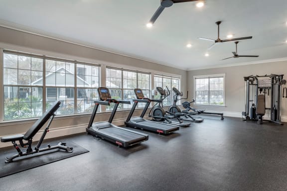 the gym has plenty of cardio equipment and windows at Reserve by the Lake, Texas
