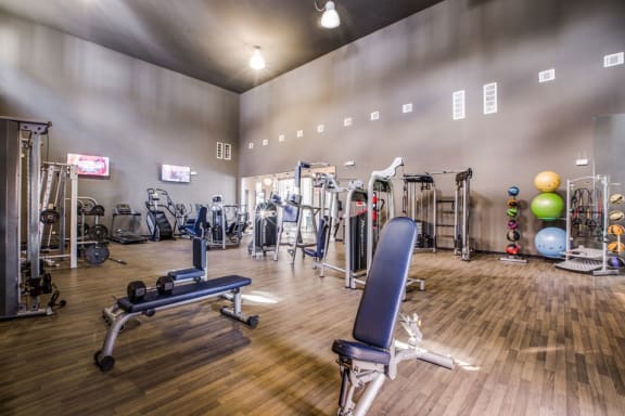 the gym at the flats at big tex apartments at Volare at the Woodlands, Texas