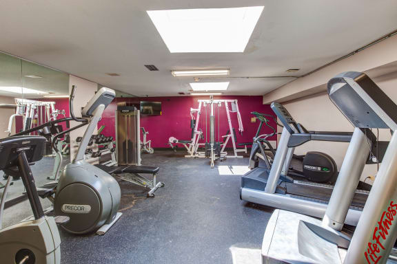 Resident Gym with Vibrant Maroon Accent Wall and Cardio Equipment at Willow Hill Apartments in Justice, Illinois  60648