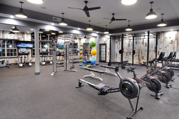 the gym at the flats at big tex apartments at Willowest in Lindbergh, Atlanta