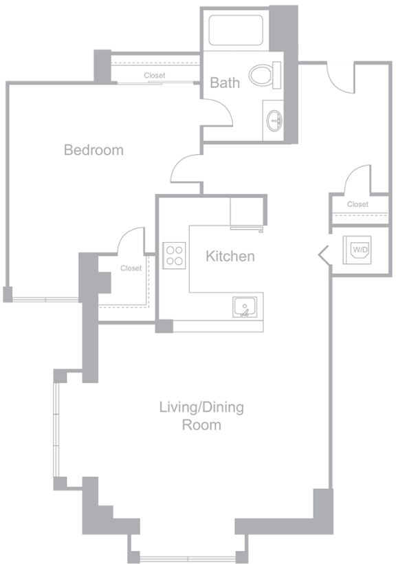 A6 One Bedroom One Bath Floor Plan | 955 Sq. Ft. at Amelia, Quincy, MA, 02169