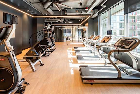 A gym with treadmills and elliptical machines.