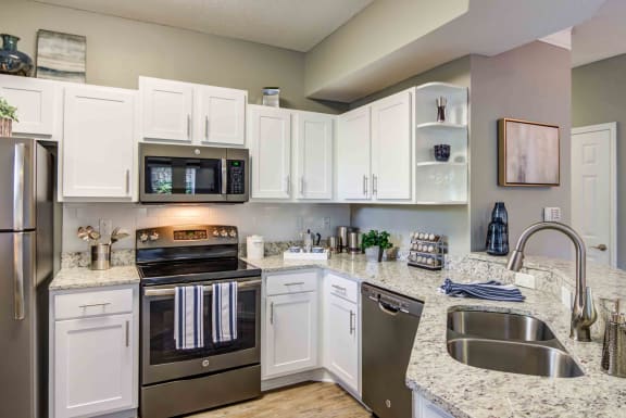 a kitchen with stainless steel appliances and granite counter tops at Deerfield Village, Alpharetta, Georgia
